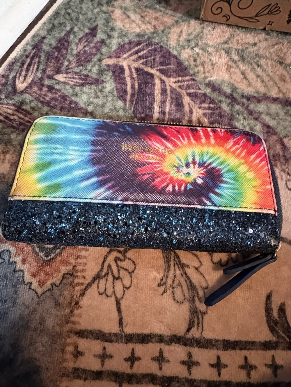 kate spade Rainbow Tie-Dye Spiral Zip Wallet with Navy Glitter Trim